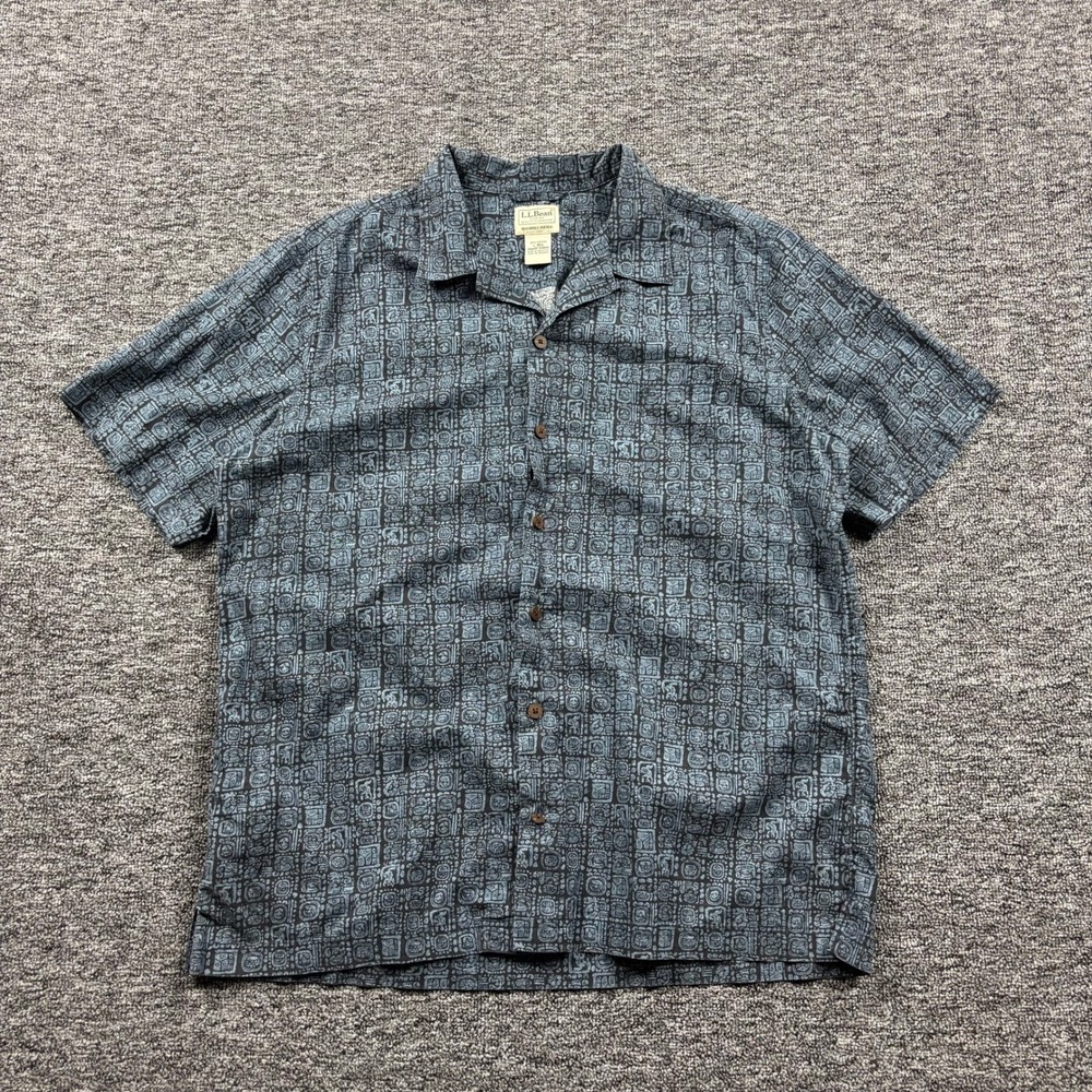 2000s L.L. Bean Mayan Glyph Print Button Up Shirt Blue Grey Men's Size Large
